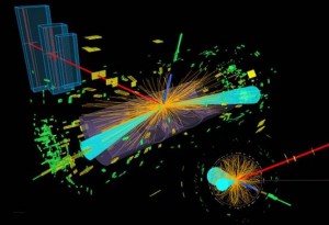 Desintegración de un bosón de Higgs en dos partículas tau (electrón en línea azul y muón en línea roja). / ATLAS-CERN