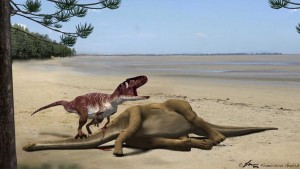 Infografía de un dinosaurio carnívoro megalosáurido alimentándose del saurópodo Turiasaurus riodevensis./ Fundación Dinópolis.